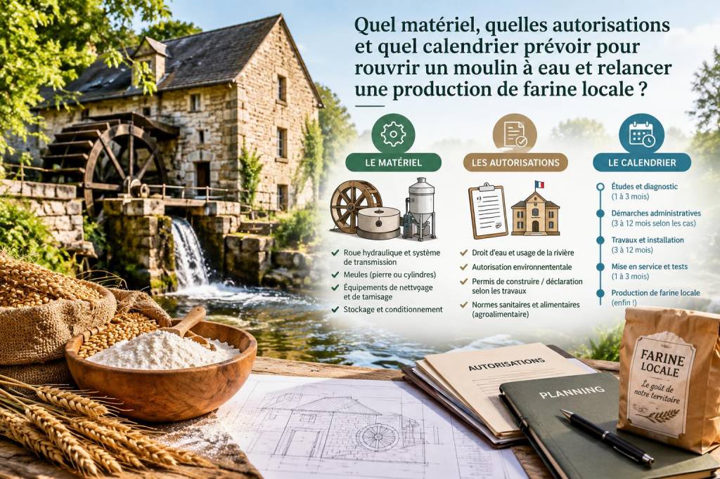 Quel matériel, quelles autorisations et quel calendrier prévoir pour rouvrir un moulin à eau et relancer une production de farine locale